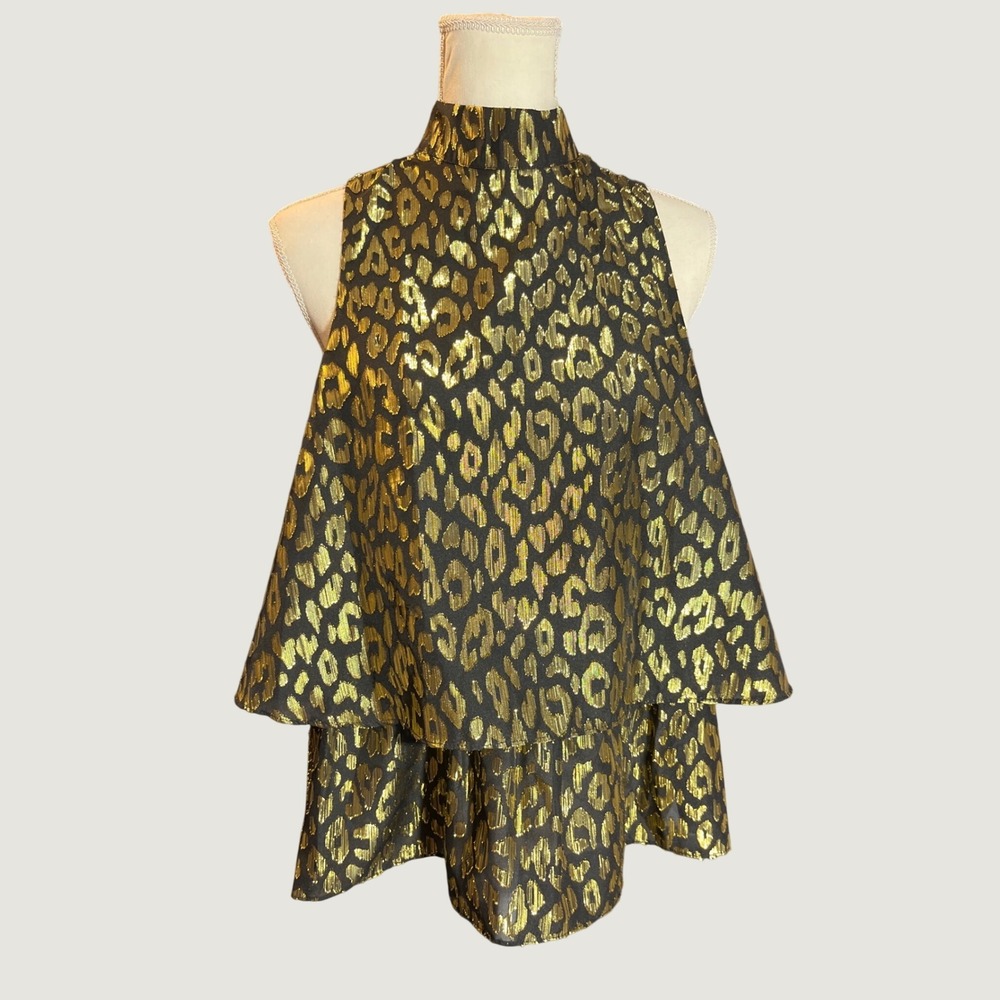 Venus Womens Gold Metallic Leopard Print Tiered High Neck Sleeveless Blouse 6